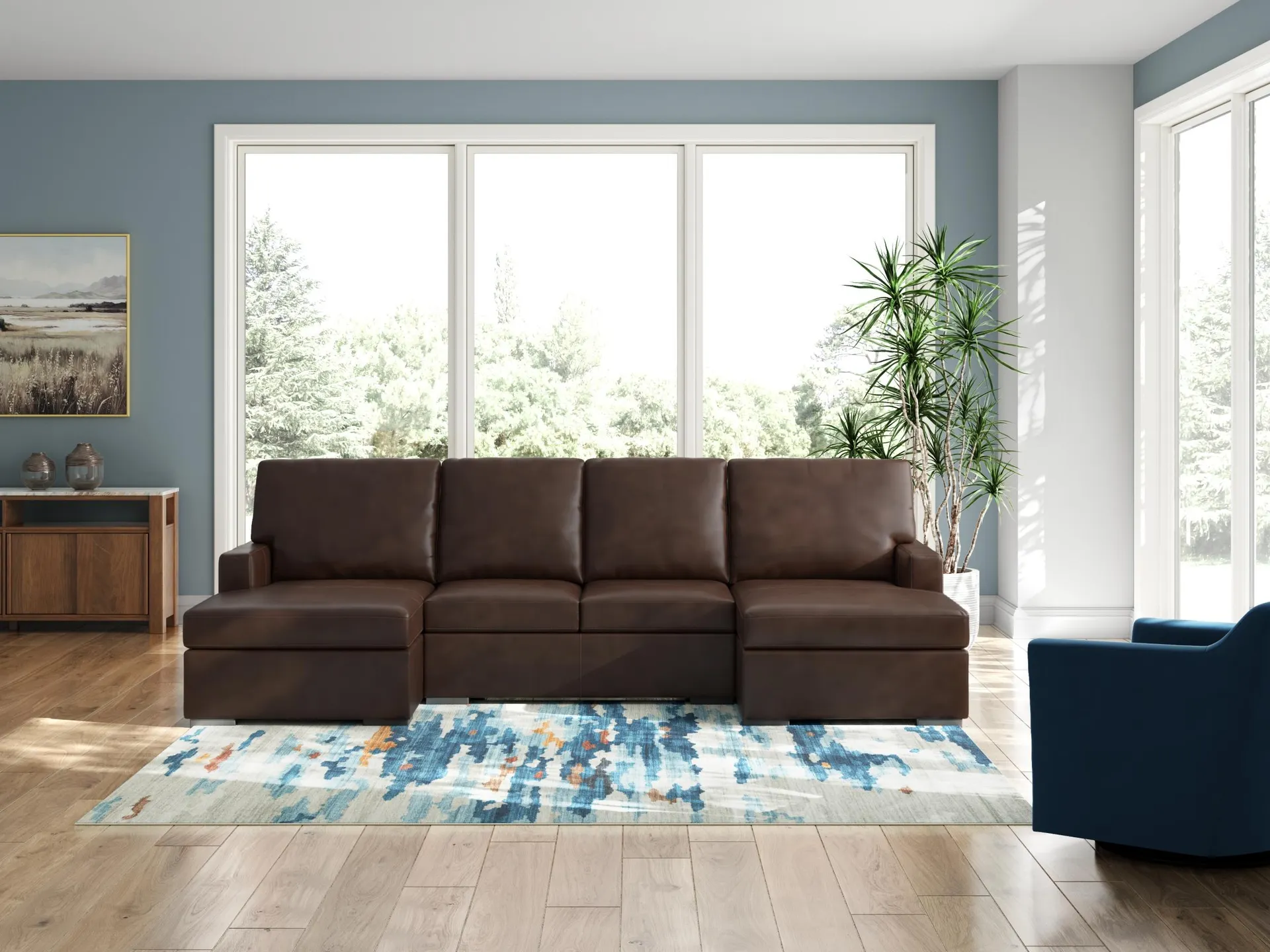 Modern Day 3-Piece Leather Sectional with Double Chaise