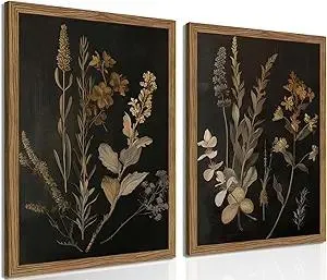 Kousne Dark Botanical Canvas Wall Art Vintage Moody Floral Prints with Wood Frame Dark Academia Aesthetic Gallery Painting Wall Decor for Living Room Bedroom or Office 12x16 Inch Set of 2