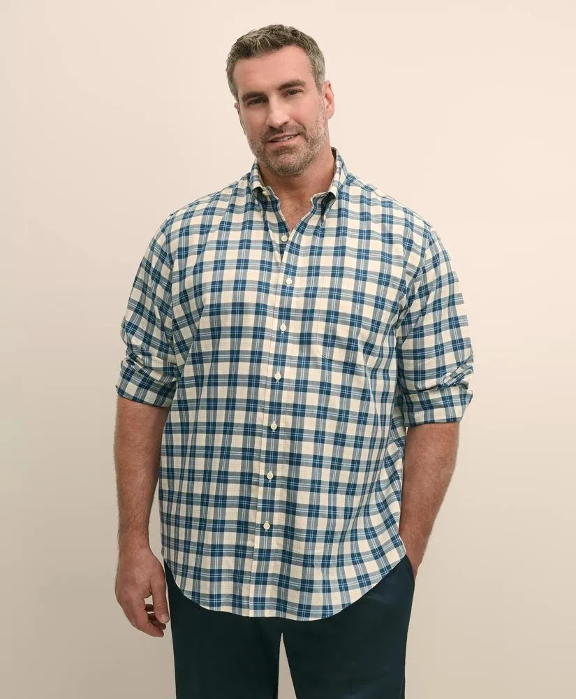 Big & Tall Stretch Supima ® Cotton Non-Iron Twill Polo Button Down, Plaid Sport Shirt
