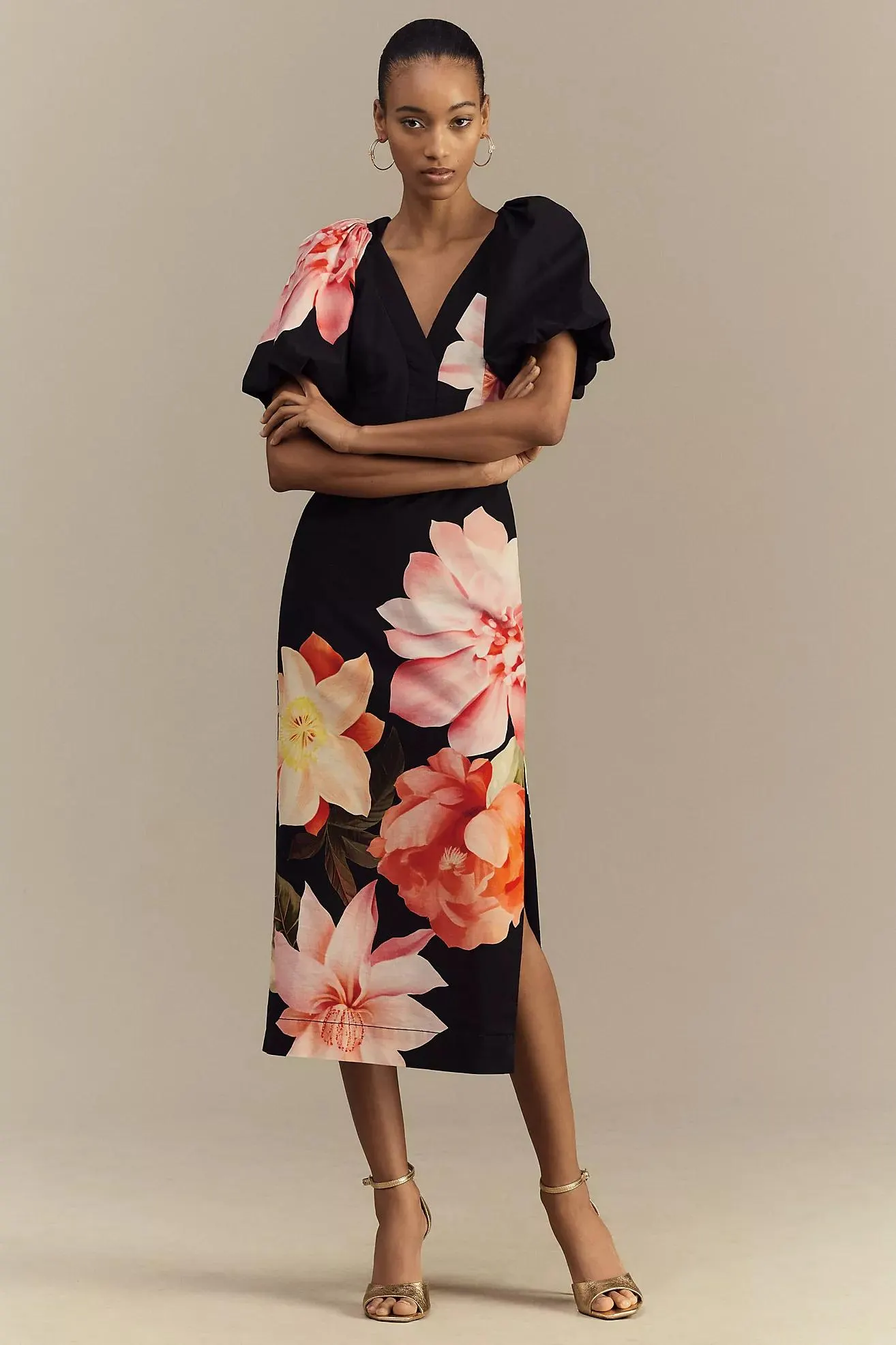 BHLDN Brooke Puff-Sleeve V-Neck Stretch Sateen Midi Dress