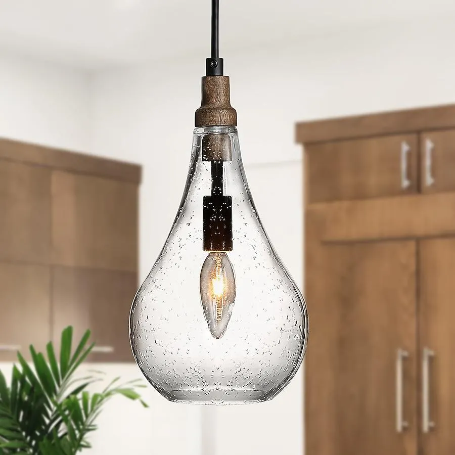 Uolfin 1 -Light Black with Birch Wood Farmhouse Seeded glass Teardrop Mini Hanging Pendant light