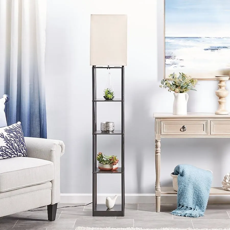 allen + roth 63-in Bronze Shelf Floor Lamp with Fabric Shade