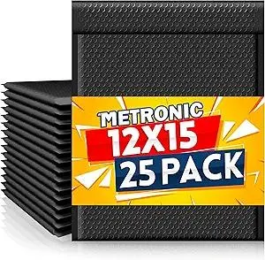 Metronic Large Bubble Mailers 12x15 Inch Black 25 Pack Waterproof Padded Envelopes Opaque Bubble Mailer Cushioning Bubble Envelopes for Shipping Clothes, Books,Jewelry Makeup Supplies