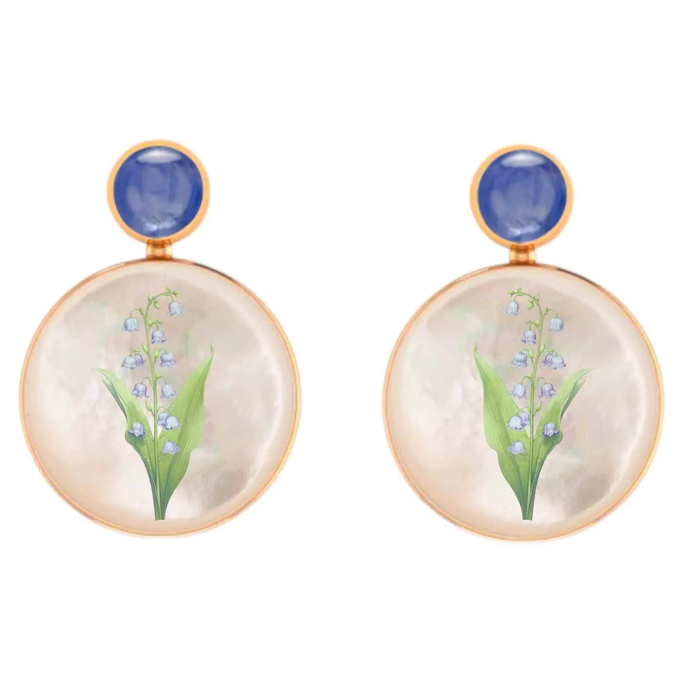 Mother Of Pearl Shell Stud Earrings, sapphire and lily of the valley painting.