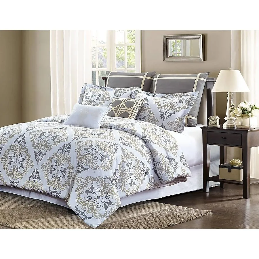 Style Quarters 7 -Piece Gray and taupe damask print Queen Comforter Set