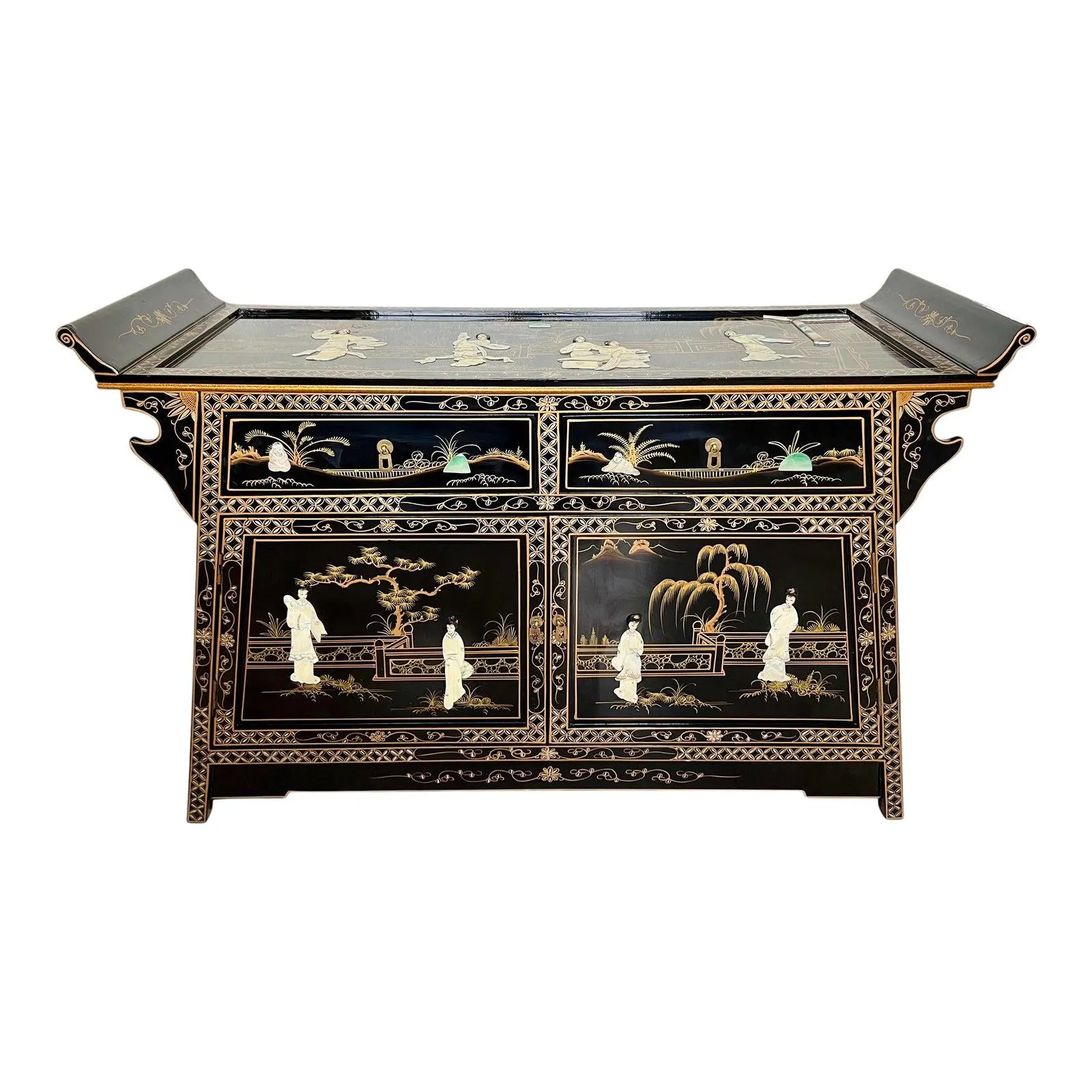 Chinoiserie Black Lacquer Altar Style Sideboard