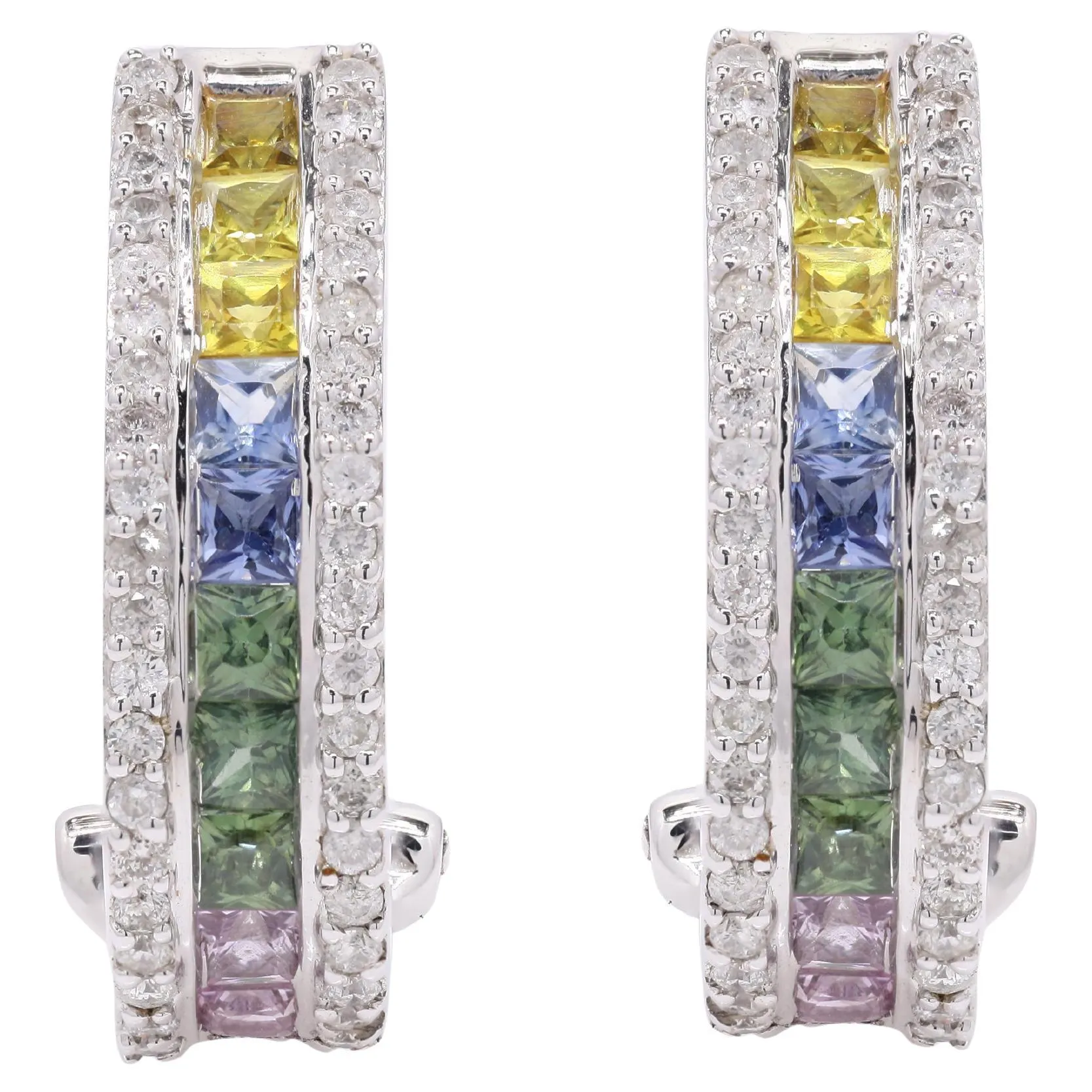 Dazzling Diamond and Multi Colored Sapphire Clip On Earrings in 18K White Gold