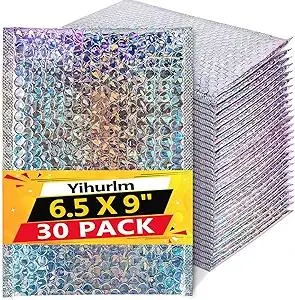 Holographic Bubble Mailers,30 Pcs Metallic Bubble Mailers,6.5 x 9 Inch Poly Padded Envelopes,Waterproof Self Sealing Cushion Envelopes for Mailing Shipping Packing and Small Business