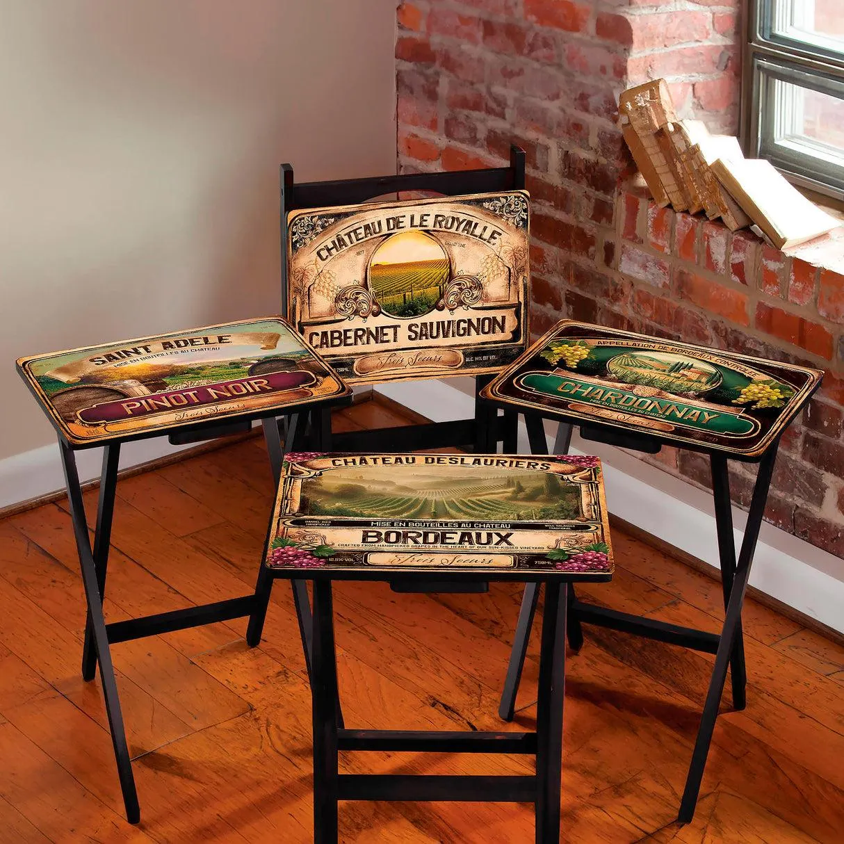 Classic Wine Label Wooden Set of 4 TV Tray Tables with Stand