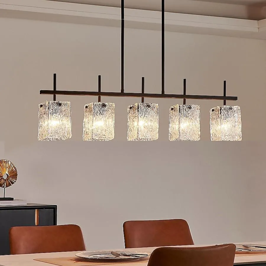 KAWOTI Quinn 5-Light Black Transitional Textured Glass Linear Large Hanging Kitchen Island Light