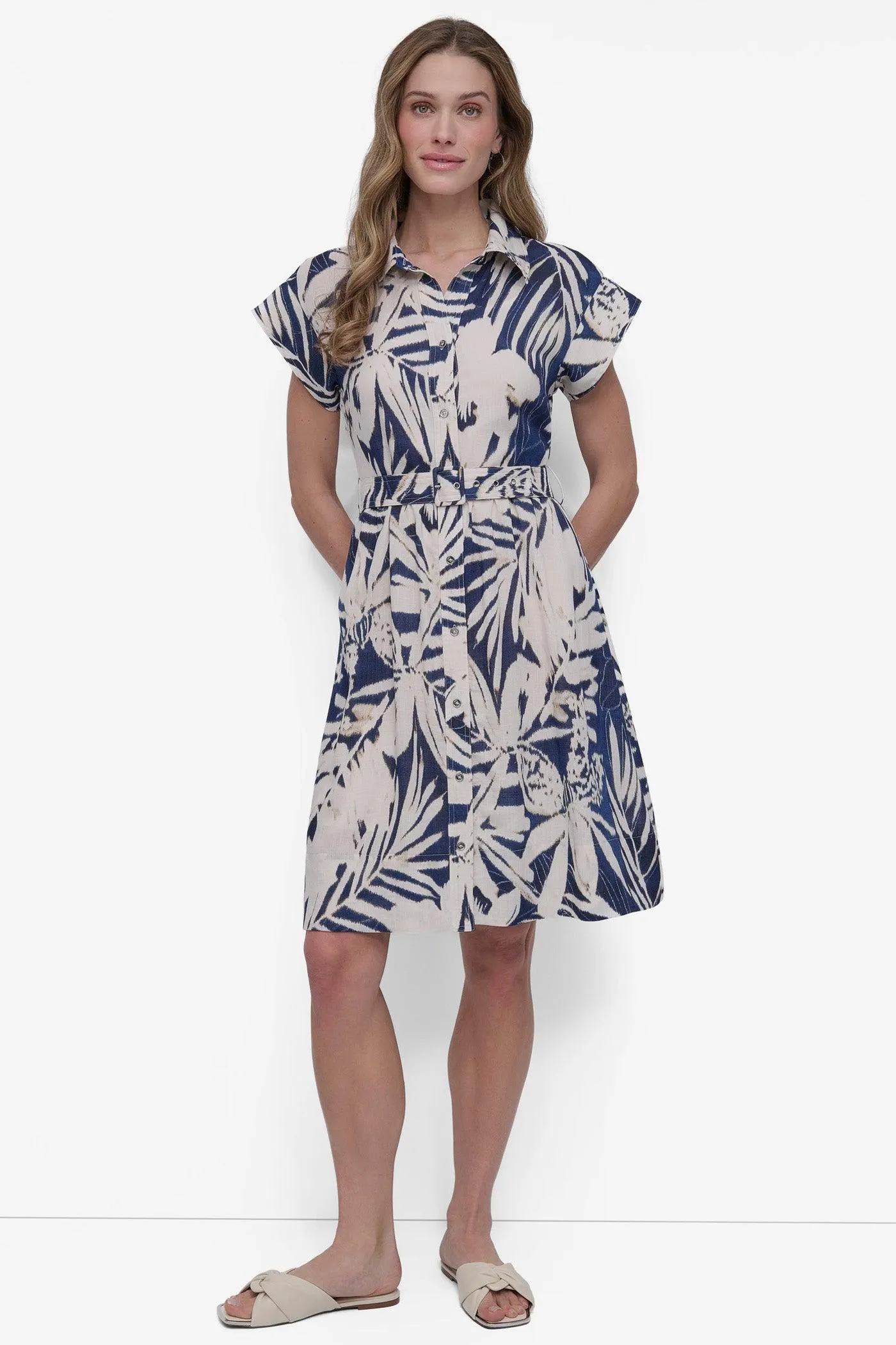 BELTED FLORAL SHIRT DRESS
