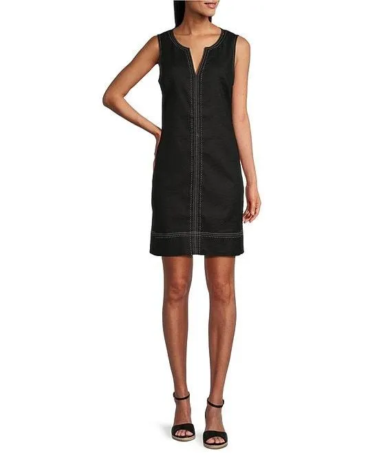Palm-A-Dora Linen Blend Twill Split Neck Sheath Dress