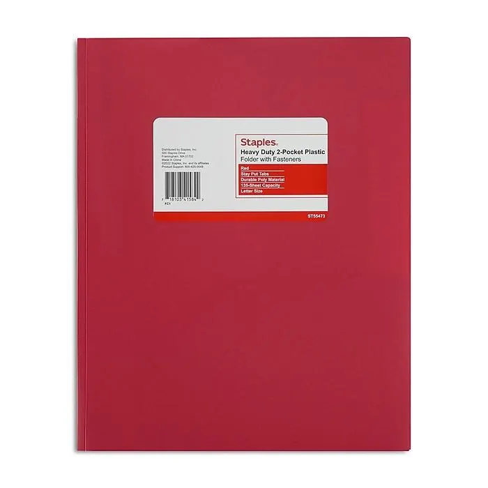 Staples Matte 2-Pocket Plastic Portfolio Folder with Fasteners, Red (ST55473-CC)