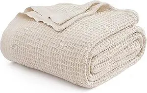Bedsure Gentlesoft 100% Cotton Blanket Queen Size for Bed - Breathable and Soft, Thick Cozy Waffle Weave Christmas Blanket Gift for Women, Light Beige, 90x90 Inches