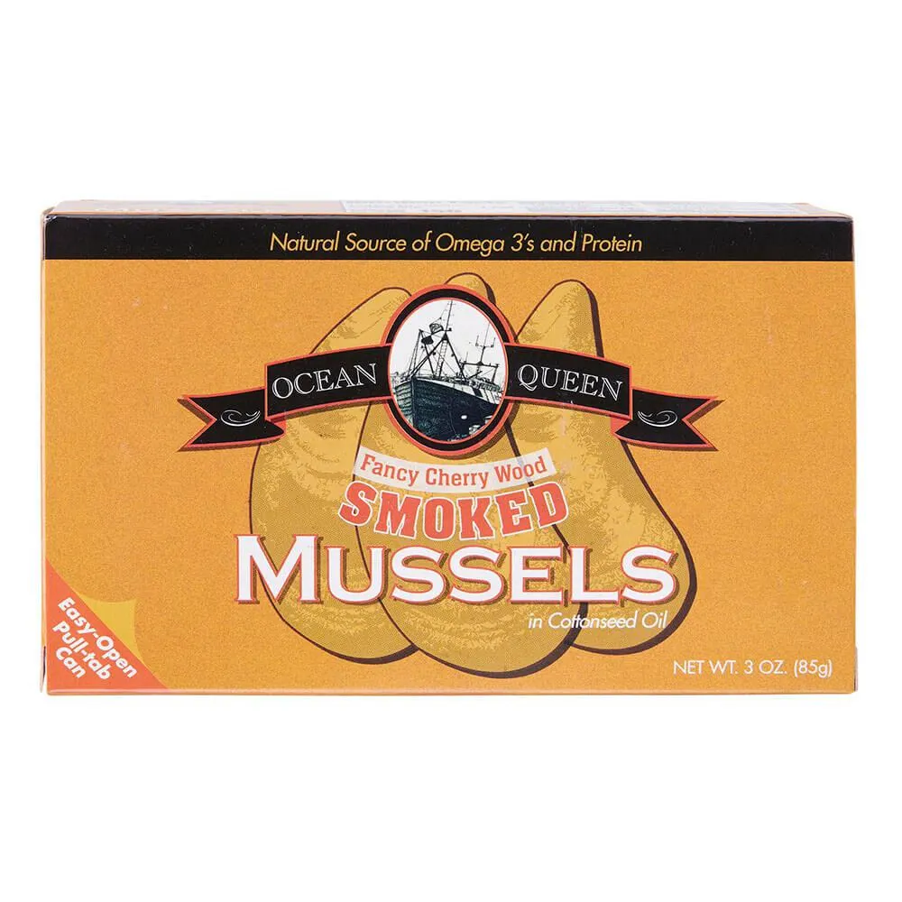 Ocean Queen Fancy Cherry Wood Smoked Mussels in Cottonseed Oil, 3 oz