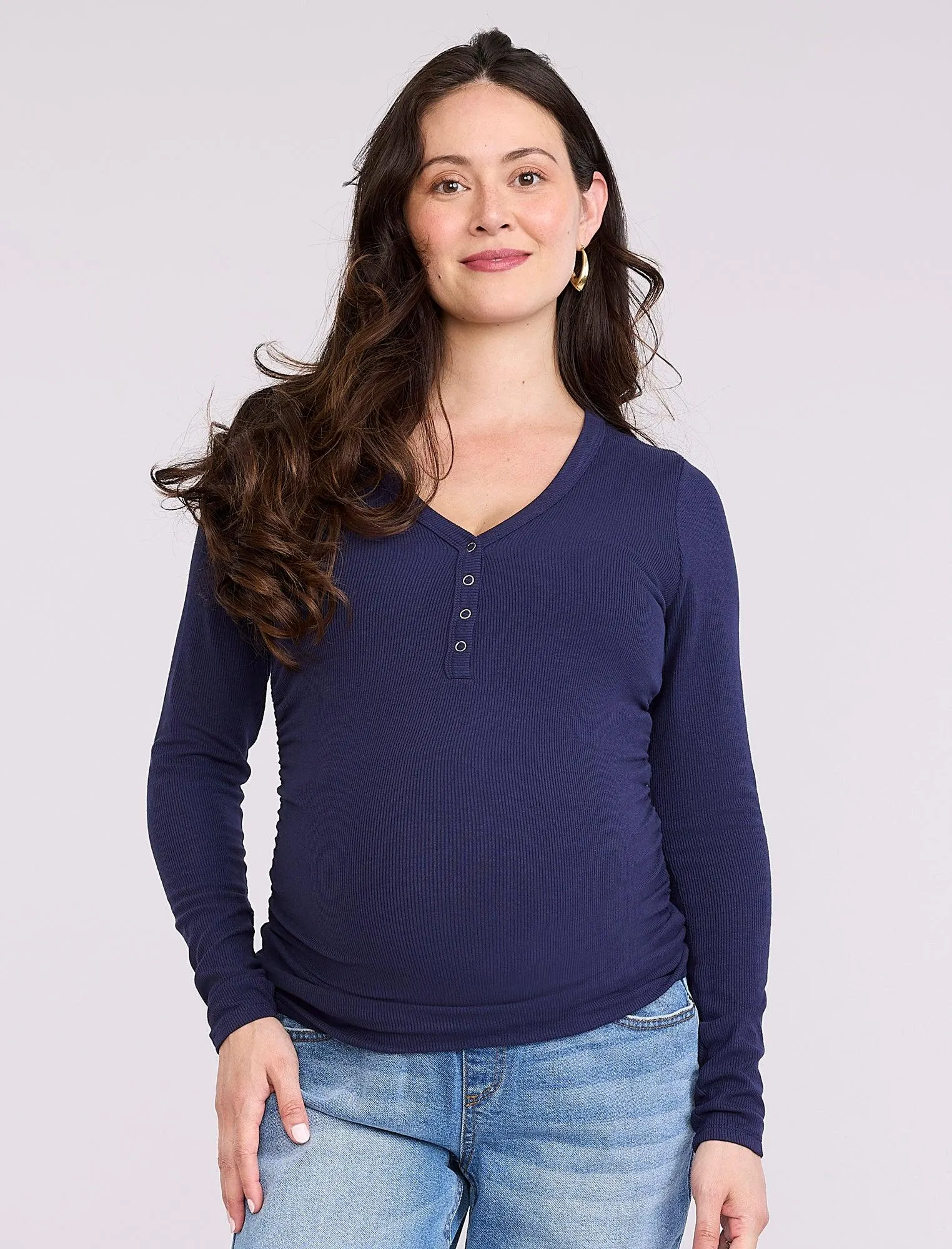 Side Ruched Long Sleeve Henley Maternity Rib Tee