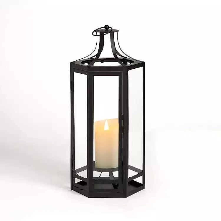 Black Hexagon Iron and Glass Lantern, 19 in.