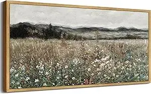 SHENIFY Vintage Landscape Framed Wall Art Meadow Flowers Farmhouse Decor Retro Classic Painting for Kitchen Bedroom Living Room Bathroom - 8x16in Natural Framed