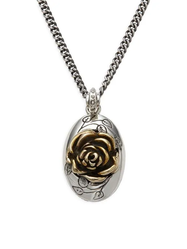 Goldtone & Sterling SIlver Framed Rose Pendant Necklace