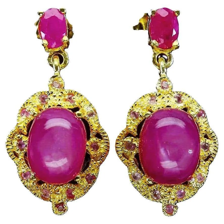 New 5.78 Carat Red Ruby Cabochon & Oval Cut Ruby 14k Y Gold PL Sterling Earrings