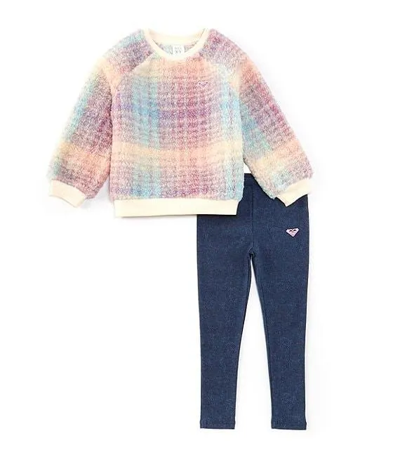 Little Girls 2T-6X Long Sleeve Plaid Rubber Logo Patch Fuzzy Sweatshirt & Solid Stretch Jersey Leggings Set