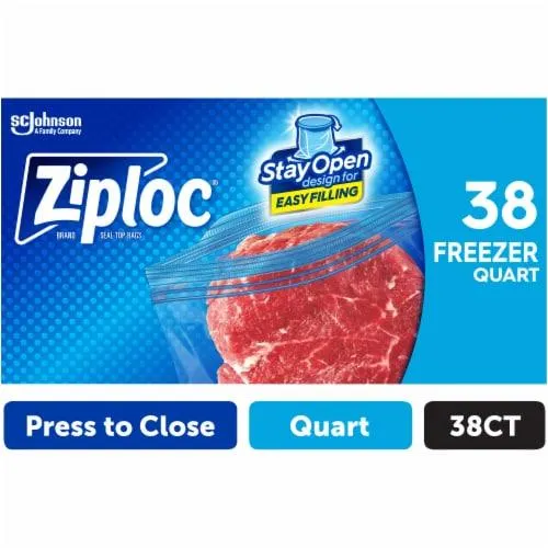 Ziploc® Brand Quart Freezer Storage Bags, Stay Open Design, Easy to Fill, 38 count