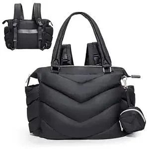 Diaper Bag Tote, Diaper Bag Backpack,Puffer Tote Bag with Pacifier Case, Lightweight Mommy for Hospital, Puffy with 10 Pockets, Convertible Baby for Travel, Black