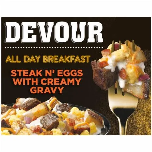 DEVOUR All Day Breakfast Steak N' Eggs with Bacon Potatoes Cheddar Cheese & Creamy Gravy Frozen Meal