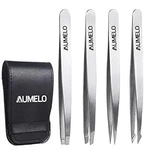 Tweezers Set 4-Piece Professional Stainless Steel Tweezers Gift with Travel Case by Aumelo - Best Precision Eyebrow and Splinter Ingrown Hair Removal Tweezer Tip,No Colored & Chemical Free