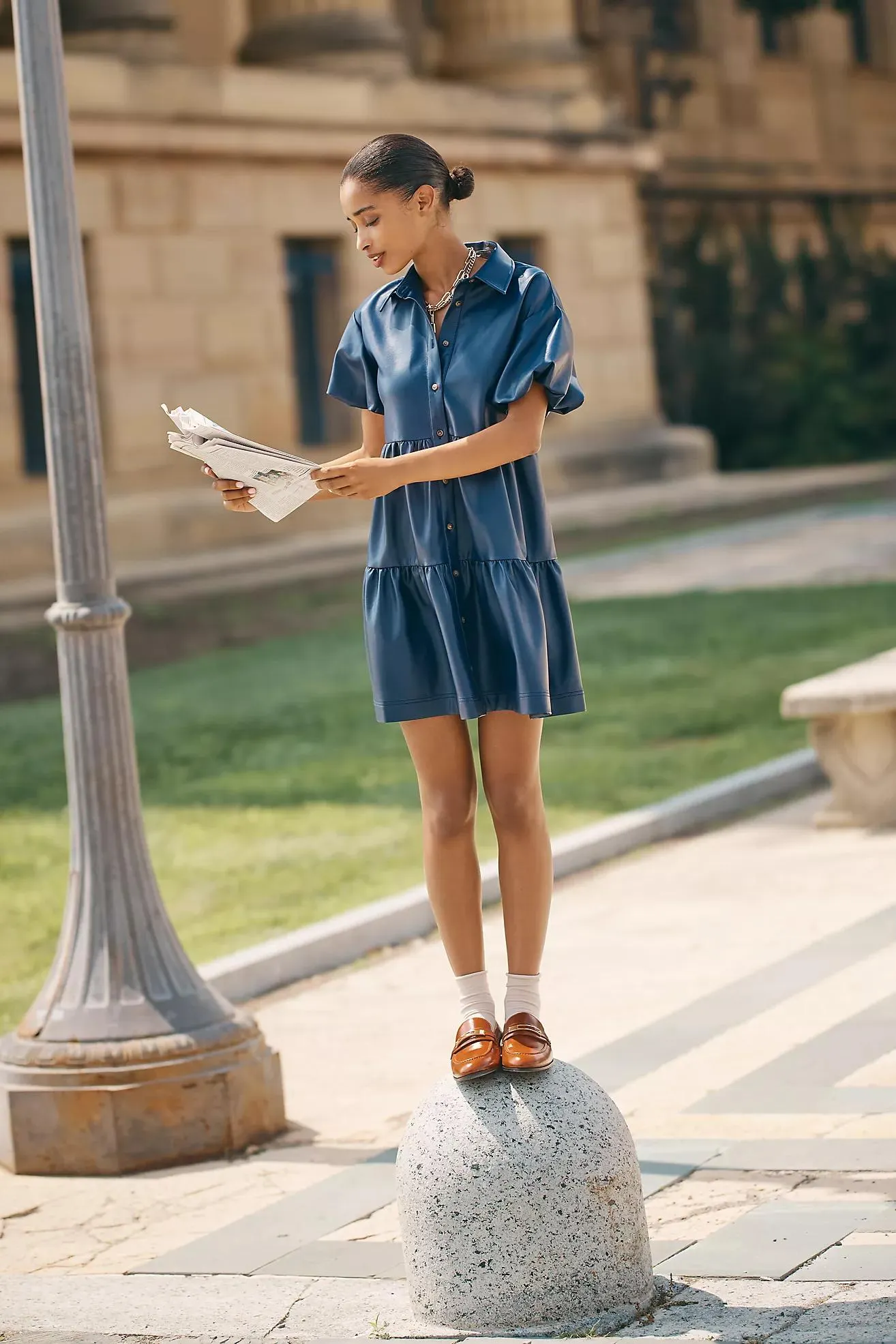 The Bettina Faux-Leather Mini Shirt Dress by Maeve