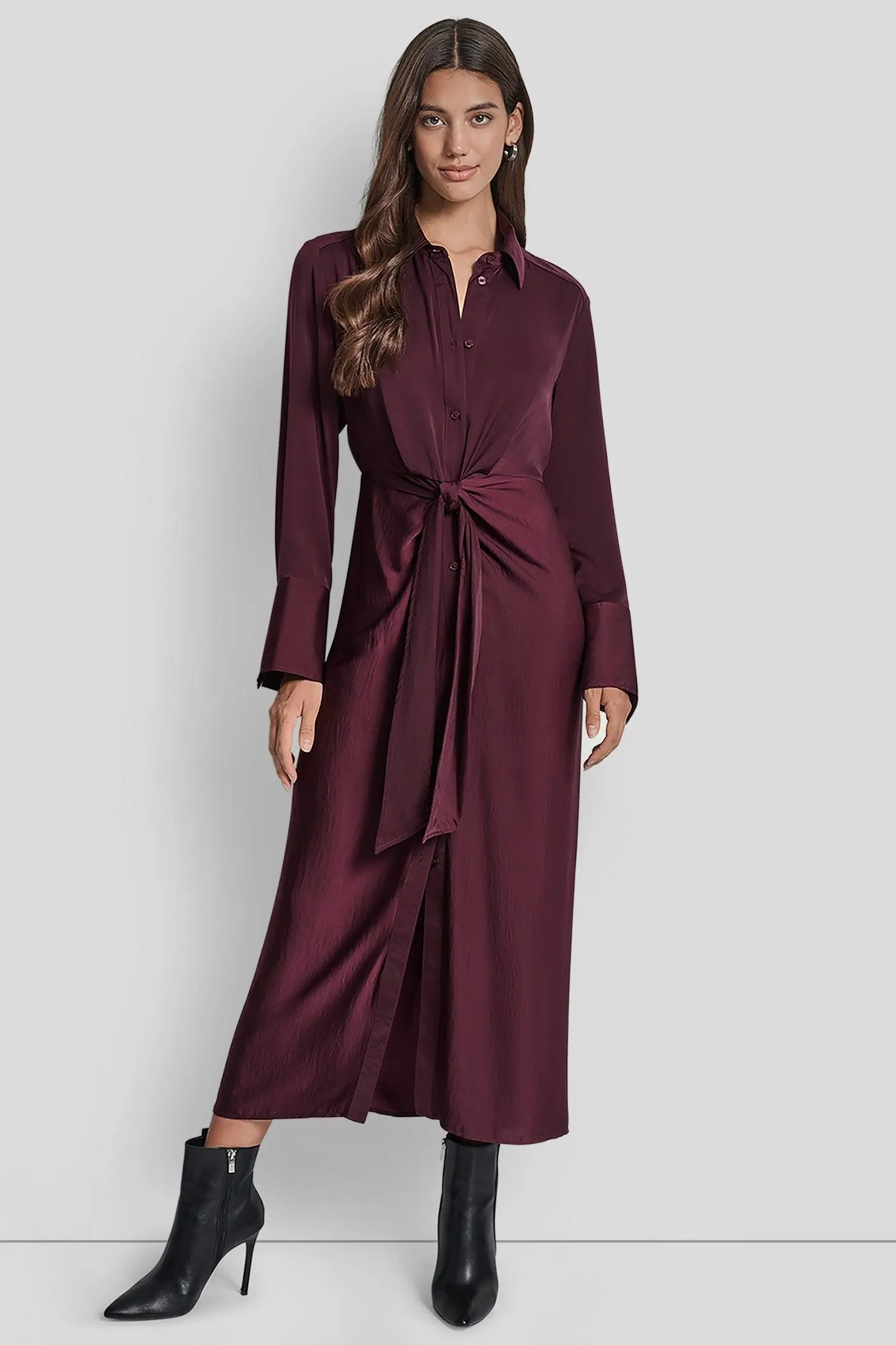 LONG SLEEVE BUTTON FRONT SHIRT DRESS WITH TIE WAIST