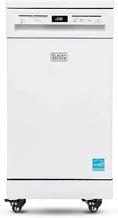 BLACK+DECKER 18” Portable Dishwasher, Compact Dish Washer with 8-Place Setting Capacity, Stainless Steel Tub, 6 Wash Programs, Worktop Space, Mobile Dishwasher with Casters, Faucet Connect, White