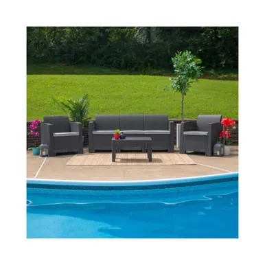 Dark Gray Faux Rattan Sofa with All-Weather Light Gray Cushions