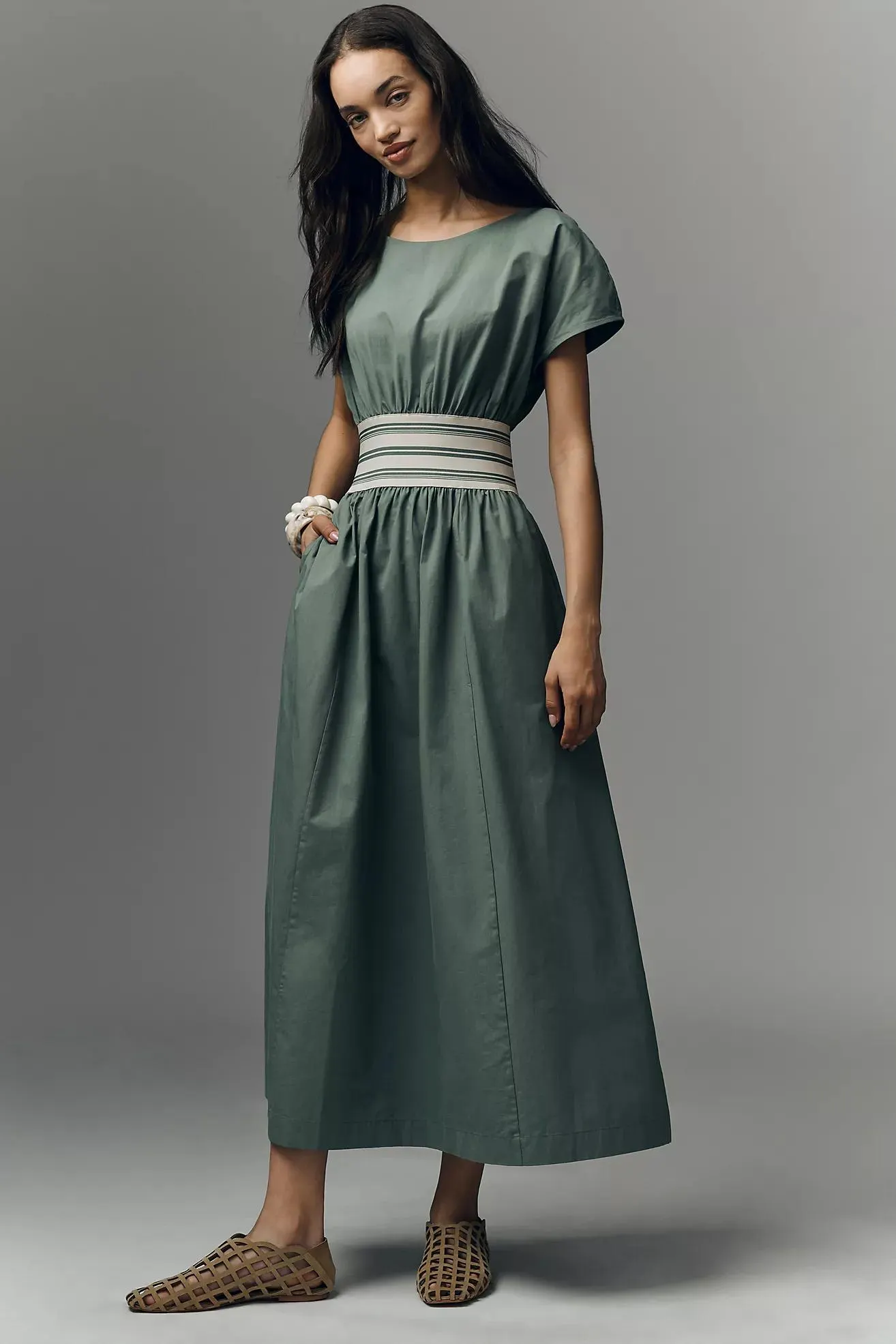 By Anthropologie Waisted Short-Sleeve A-Line Midi Dress