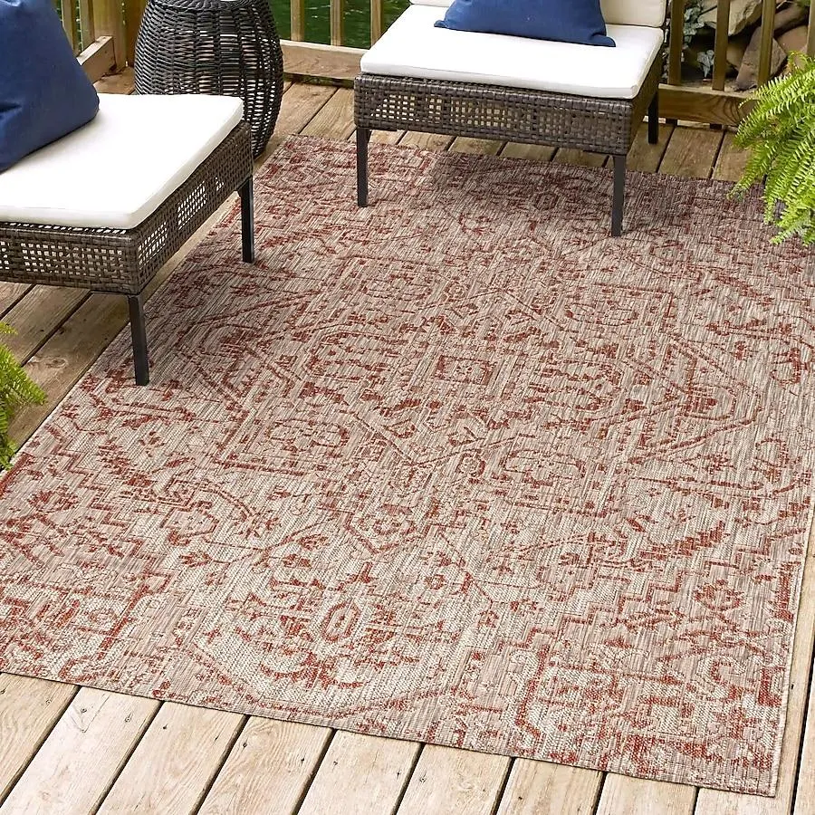 JONATHAN Y Santa Monica Estrella Textured Weave 8 x 10 (ft) Loomed Polypropylene Red/Taupe Rectangular Indoor/Outdoor Border Coastal Area rug