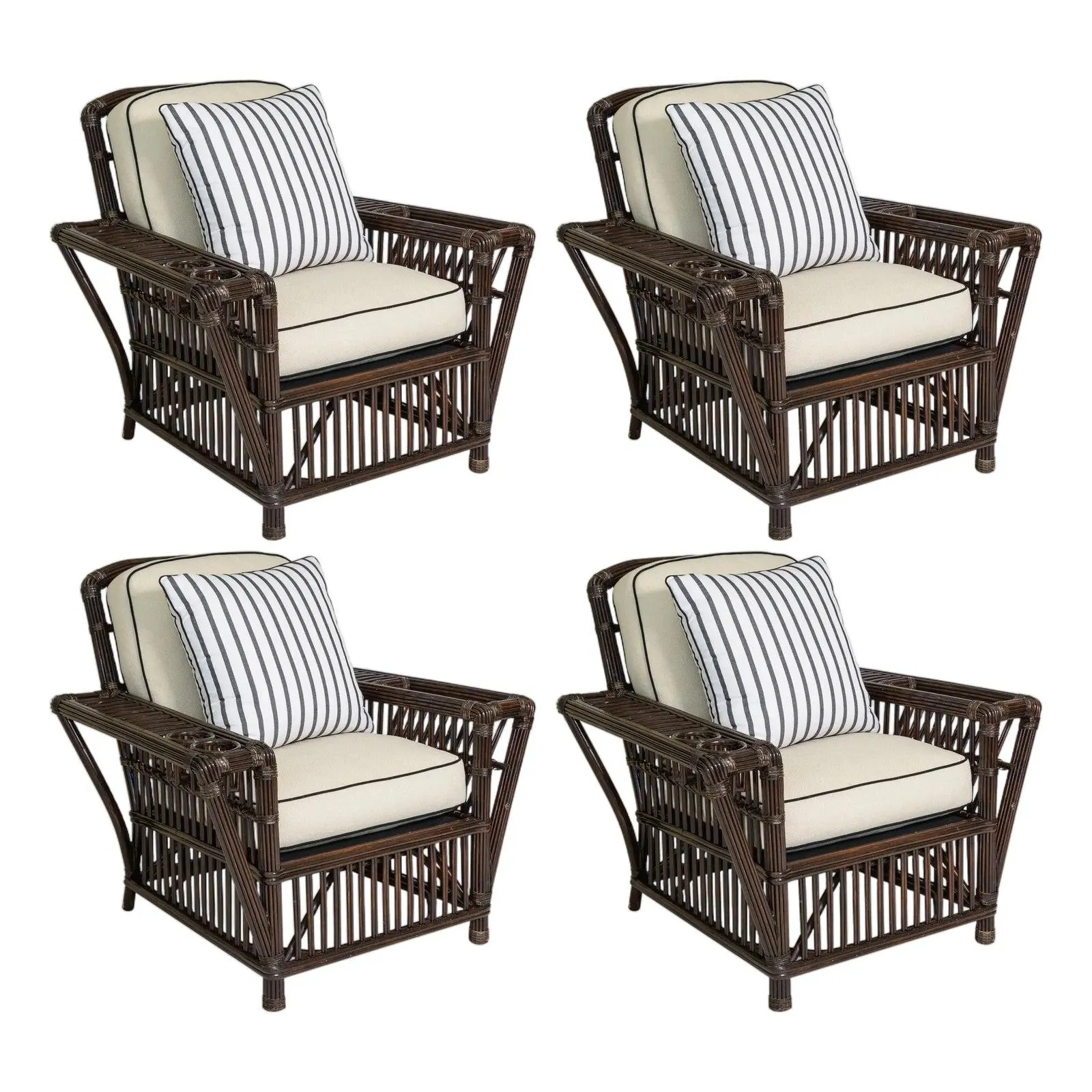 Vintage Bielicky Brothers Set of 4 Coastal Stick Rattan Lounge Chairs