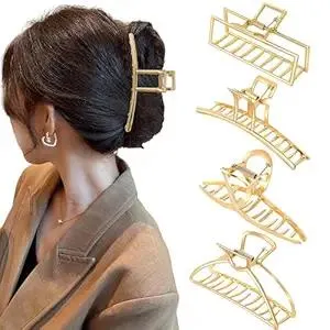 4 Pack Large Gold Hair Claw Clips for Women Thick Hair, French Design Metal Cross Banana Non-Slip Hair Catch Barrette Jaw Clamp Clips for Women and Girls