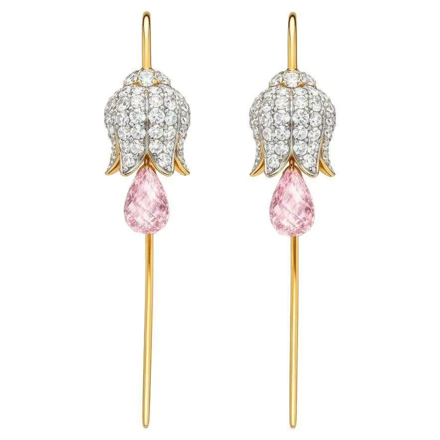 Silver, gold Lily flower earrings with rose quartz briolettes