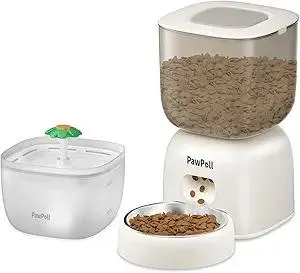 Automatic Cat Feeder and Water Fountain - Timed Pet Dry Food Dispenser Programmable Portion Control Cats Feeder Auto Cat Food Dispenser Dual Power Supply Feeders with Desiccant Bag