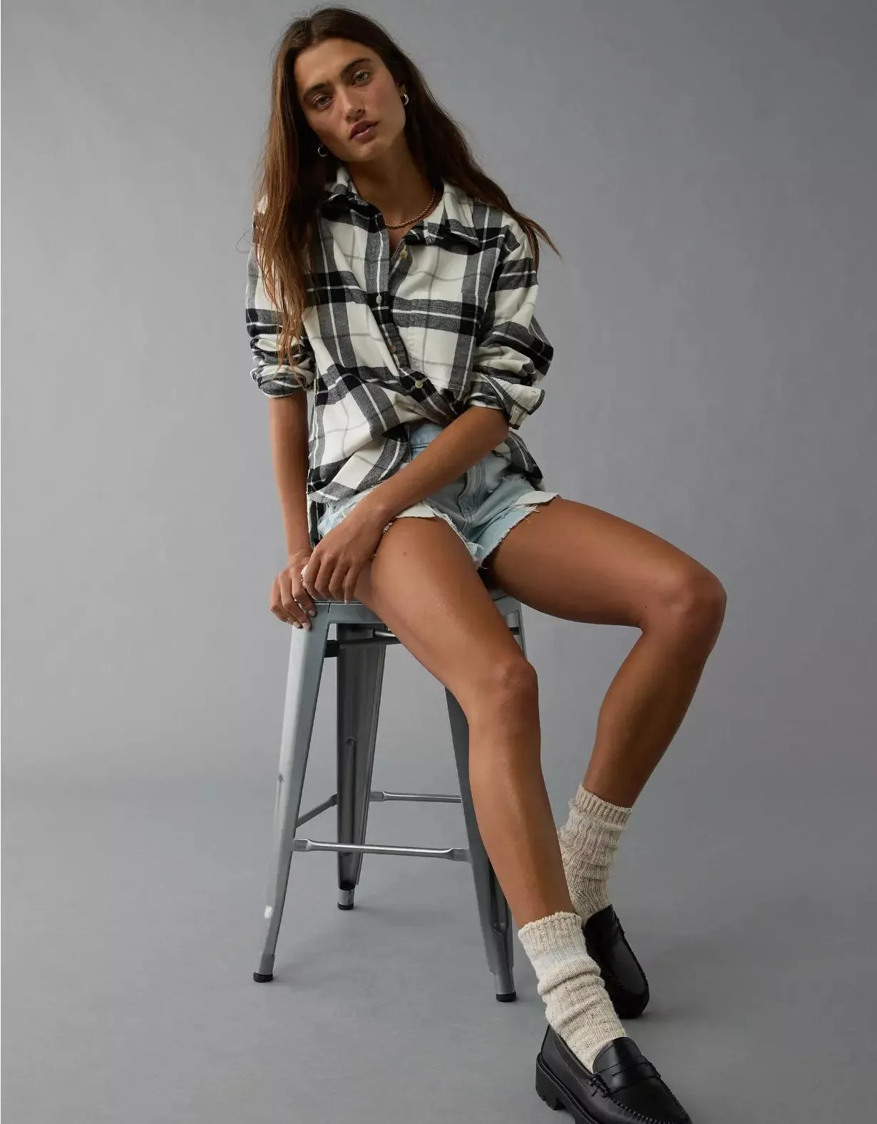 AE Oversized Plaid Button-Up Shirt