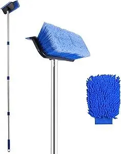 60" Car Wash Brush with Long Handle, Car Wash Mitt Included, 2 in 1 Soft Bristle and Rubber Squeegee Washing Kit for Cleaning RV, Truck, Boat, Solar Panel, Deck