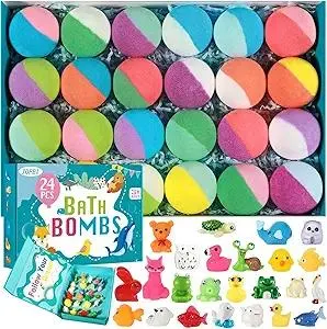 Bath Bombs for Kids with Surprise Inside, 24 Pack Kids Bath Bombs Gift Set, Natural Organic Kid Bubble Bath Fizzy for Girls Boys with Bath Toys Inside