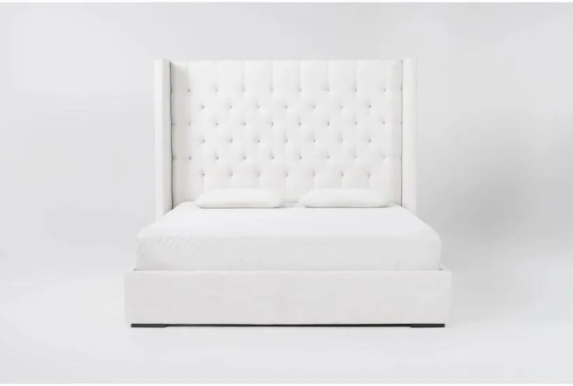 Vera Dream Cream Diamond Tufted Beige Fabric 68"H Queen Upholstered Shelter Platform Bed