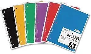 Mead Spiral Notebook, 6 Pack, 1 Subject, College Ruled Paper, 7-1/2" x 10-1/2", 70 Sheets per Notebook, Colors Will Vary (830062-ECM25)