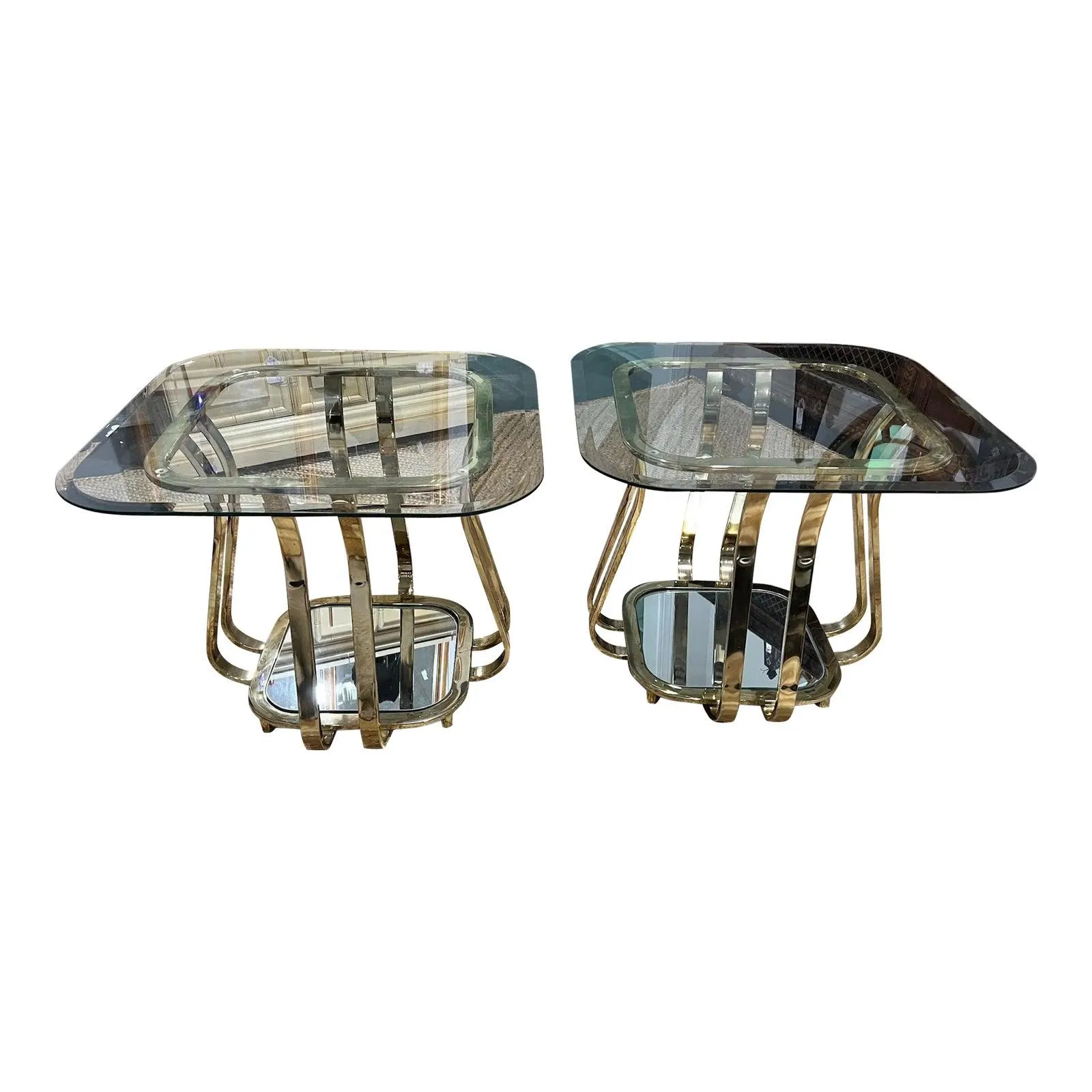 Milo Baughman Style Brass and Glass End Tables With Mirrored Glass - Set of 2, 1970s Hollywood Regency