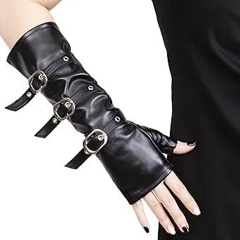 JISEN Women Half Palm Fingerless PU Leather Night Bar Band Up Punk Gloves