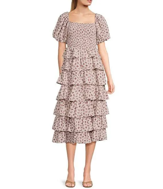 Ditsy Floral Print Puff Sleeve Smocked Bodice Tiered Ruffle Midi Dress