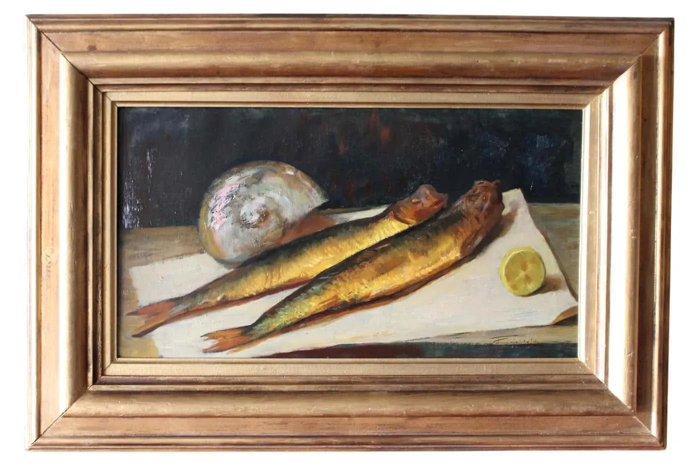Unknown Still Life Oil Painting of Fish, Original Antique Herrings and Sea Shell 1920's