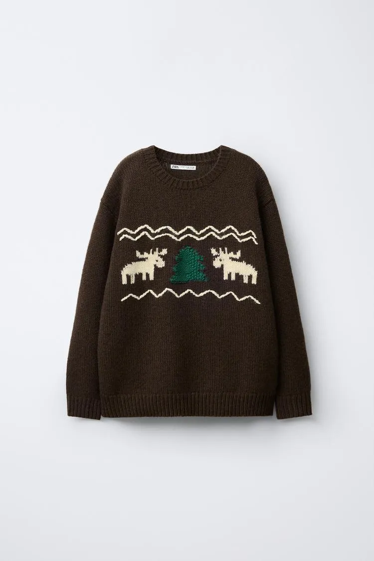 AGES 7-12/ WOOL BLEND KNIT JUMPER WITH EMBROIDERED REINDEER