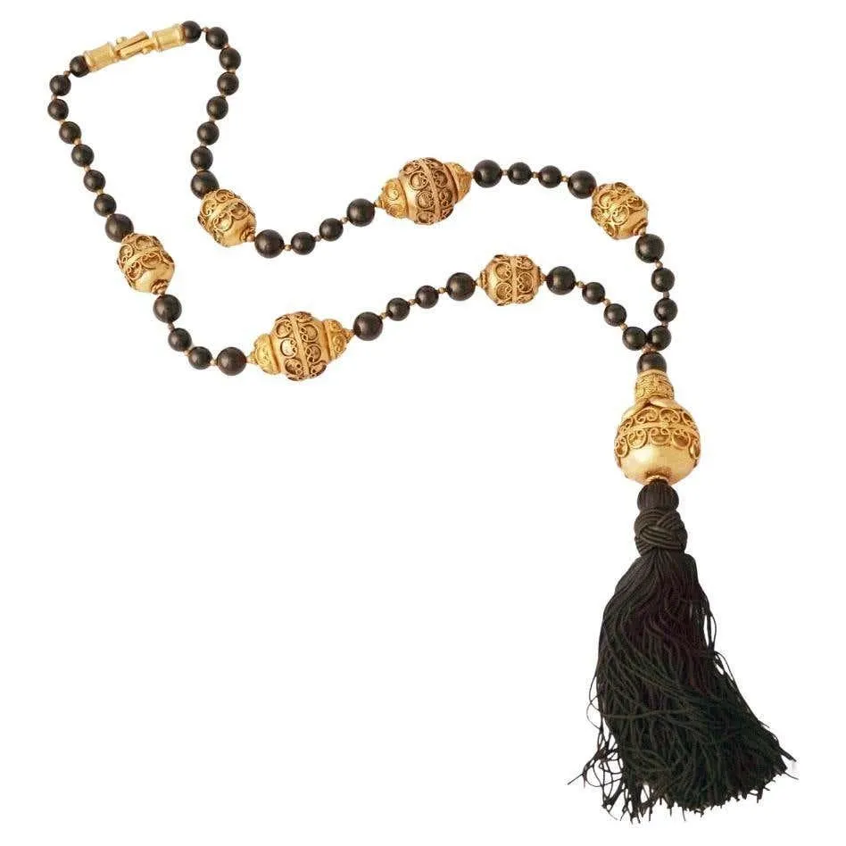 Sautoir Beaded Statement Necklace With Gold Balls and Tassel, 1970s